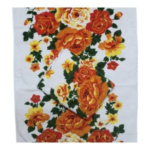 Vintage Bath Towel Set of 2 Gold Orange Brown Green Colors Flowers Retro Fringe